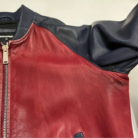 Dsquared2 Red Blue Leather Bomber Jacket